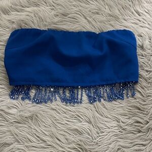 Blue Strapless Top with Beaded Fringe